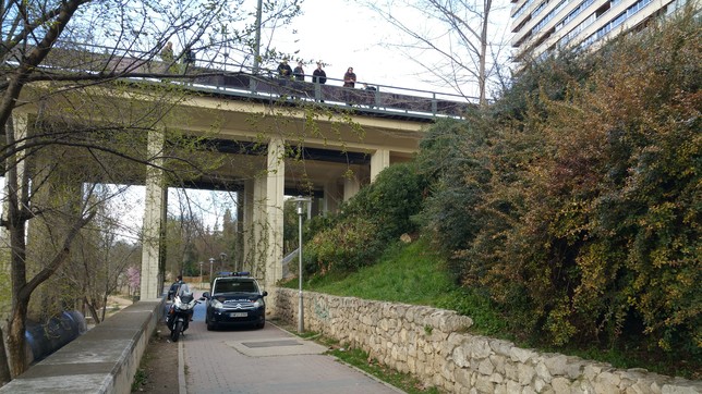 Agentes de Policía buscando al ladrón en la ribera del Pisuerga, ante la mirada de varios curiosos desde el puente de Isabel la Católica.