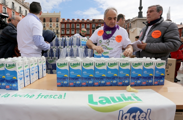 Reparto de leche Lauki en la Plaza Mayor de Valladolid.