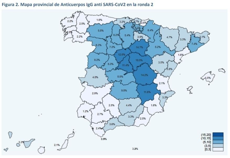 Mapa del porcentaje de españoles que tienen anticuerpos del virus. 