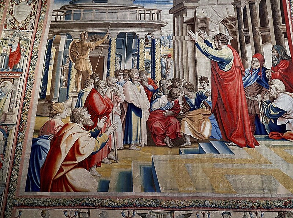 Dentro de la elección de escenas poco comunes en el repertorio religioso está ‘La predicación de San Pablo en el Areópago de Atenas’.