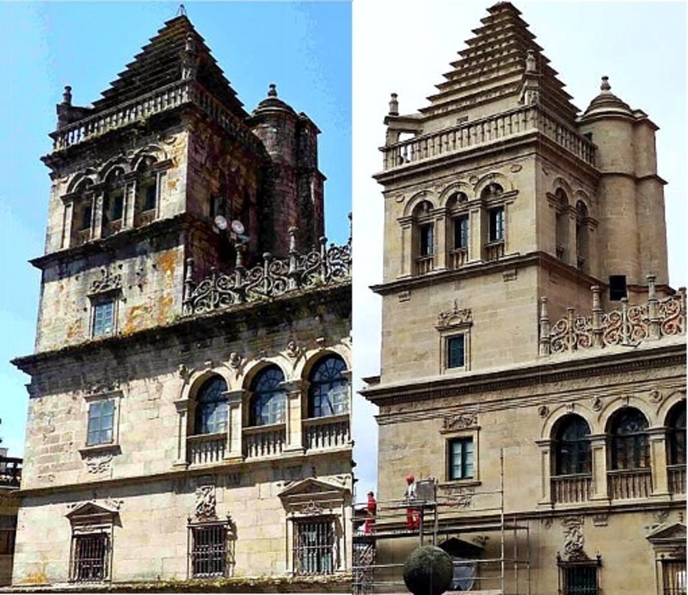 Comparación del estado inicial de la Torre del Tesoro y del que presenta después de la restauración.