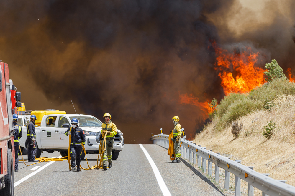 Efectivos de los bomberos de Segovia, de la Junta de Castilla y León y Protección Civil trabajan en la extinción del incendio en Navafría que obligó a cortar al tráfico la carretera N-110.