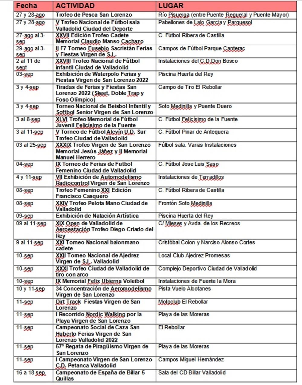 Calendario de actividades deportivas en la Feria y Fiestas de la Virgen de San Lorenzo.