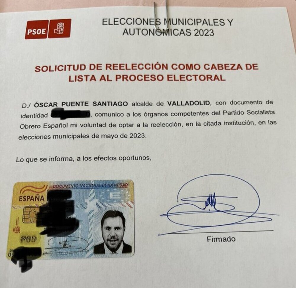 Documento que acredita la comunicación de Óscar Puente al PSOE sobre su candidatura a la Alcaldía. 