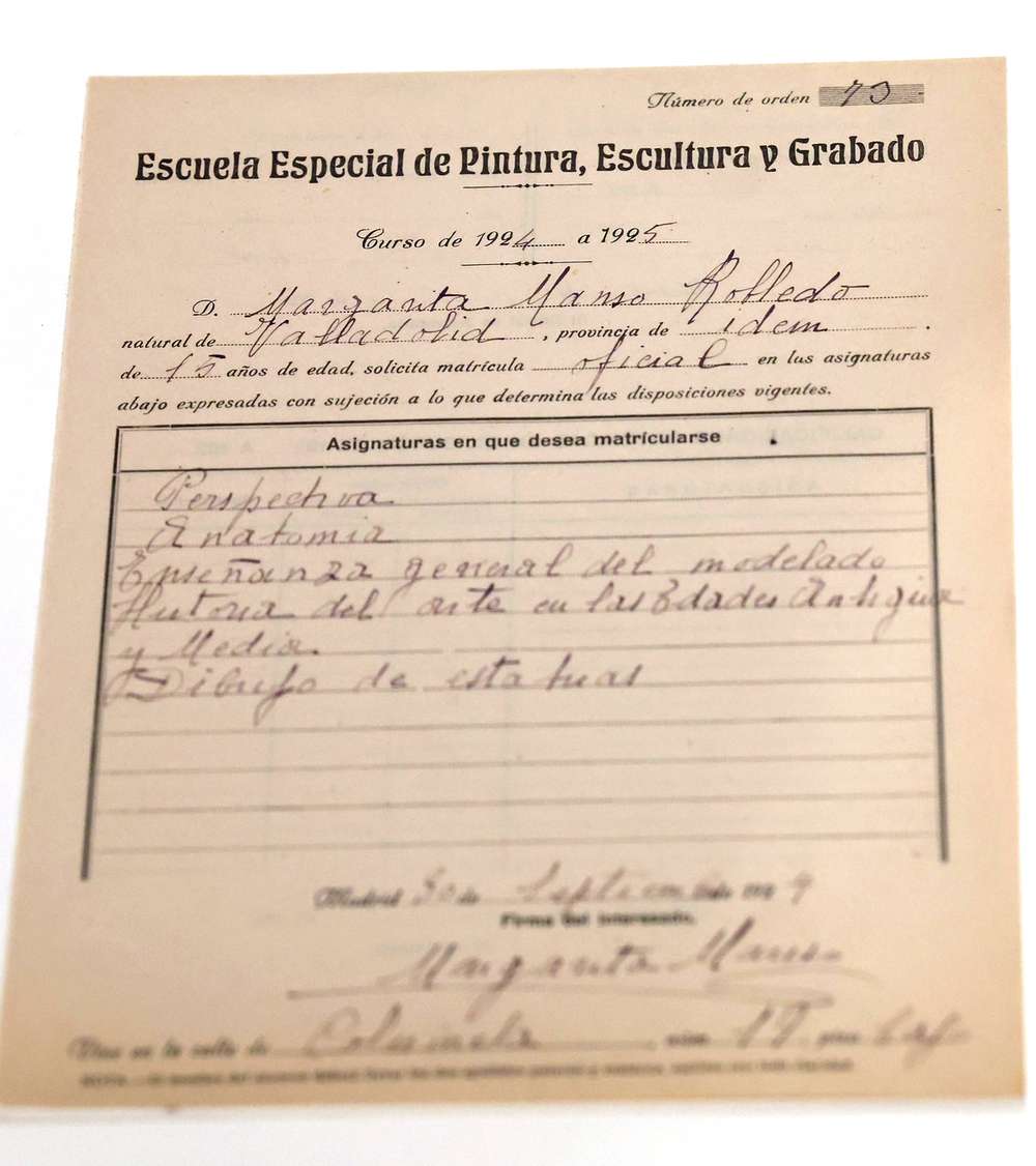 Solicitud de matrícula de Margarita Manso en la Escuela Especial de Pintura, Escultura y Grabado (actual Real Academia de Bellas Artes de San Fernando) en 1924, cuando tenía 15 años.