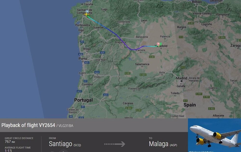 Ruta del vuelo Santiago-Málaga que tuvo que desviarse a Valladolid.