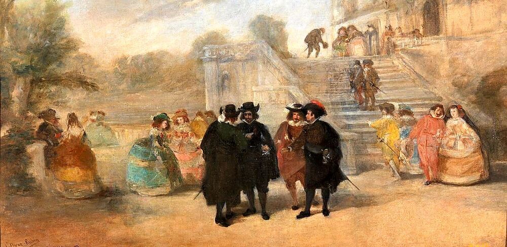 Pintura del Prado ‘Intriga contra Quevedo en los jardines del palacio del Buen Retiro’, de Antonio Pérez Rubio. 