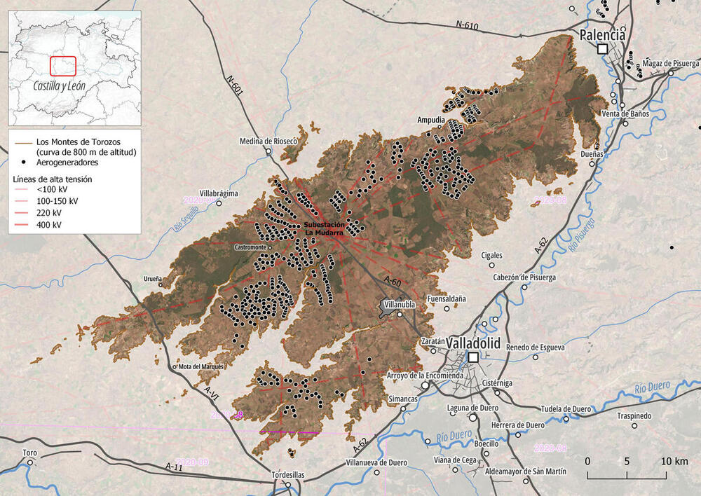 Mapa con la ubicación de cada uno de los más de medio millar de aerogeneradores instalados en la comarca de los Montes Torozos. 