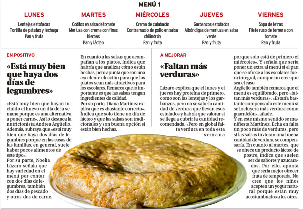 Los nutricionistas aprueban los menús escolares en Valladolid